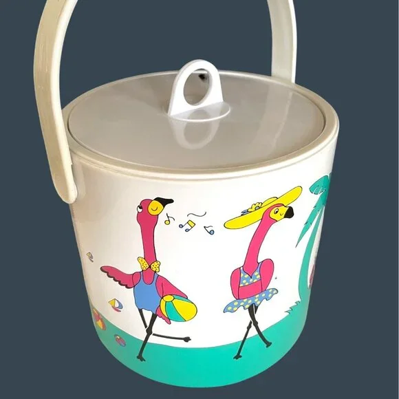 Retro Pink Flamingo Ice Bucket Barware Drink 10 Pc Set Tumbler Glasses Vintage - Picture 5 of 16